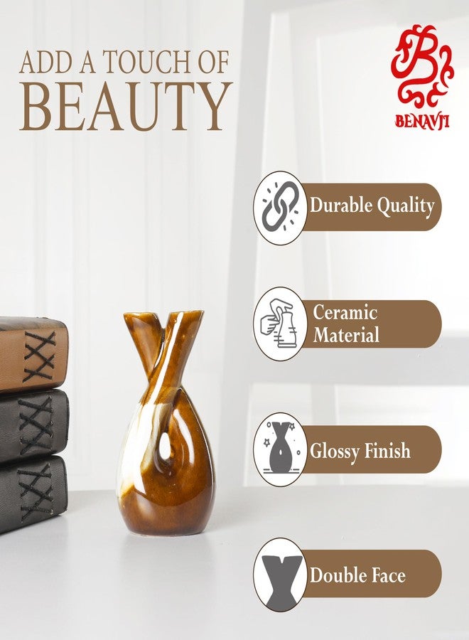 BENAVJI Artistic Twisted Ceramic Vase - Dual-Opening Abstract Floral Pot for Modern Living Room, Office, and Tabletop Decor (Brown & White) - Image 5